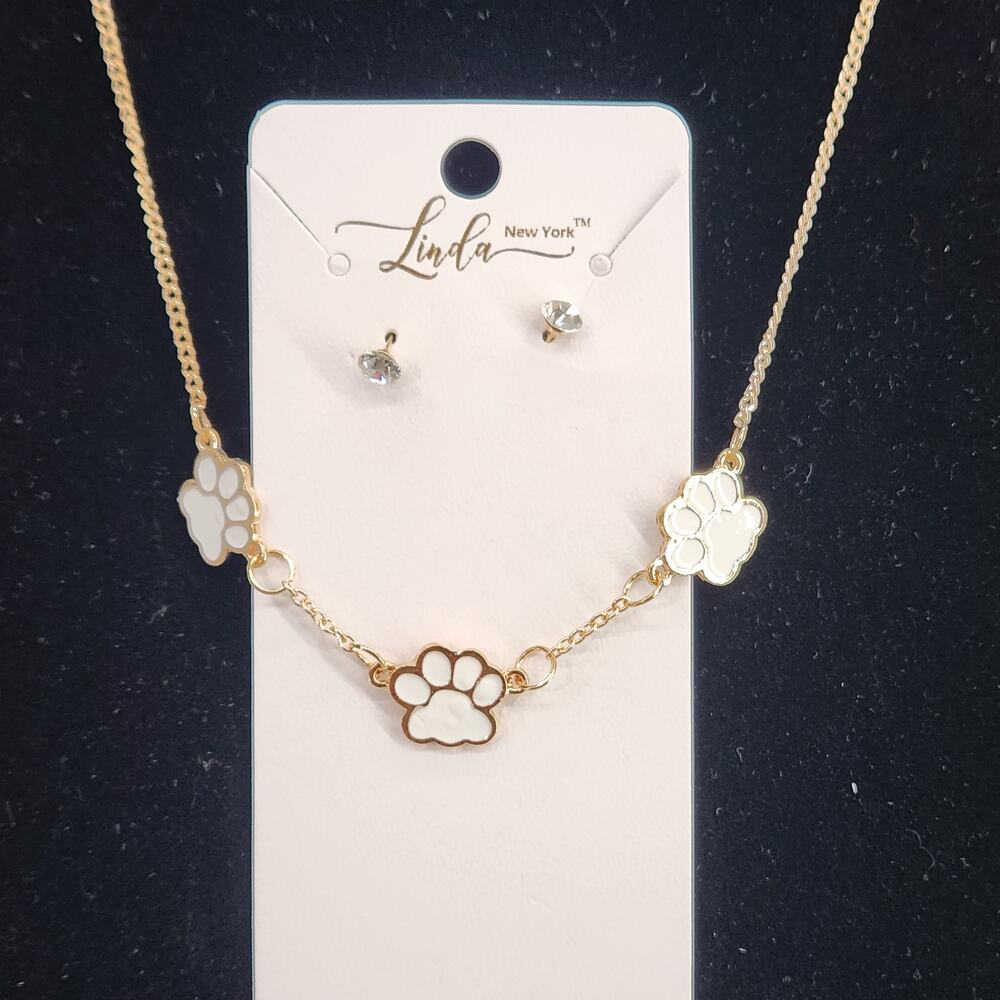 White Puppy Paw Print Enamel Necklace, Matching Stud Rhinestone Earrings Jewelry
